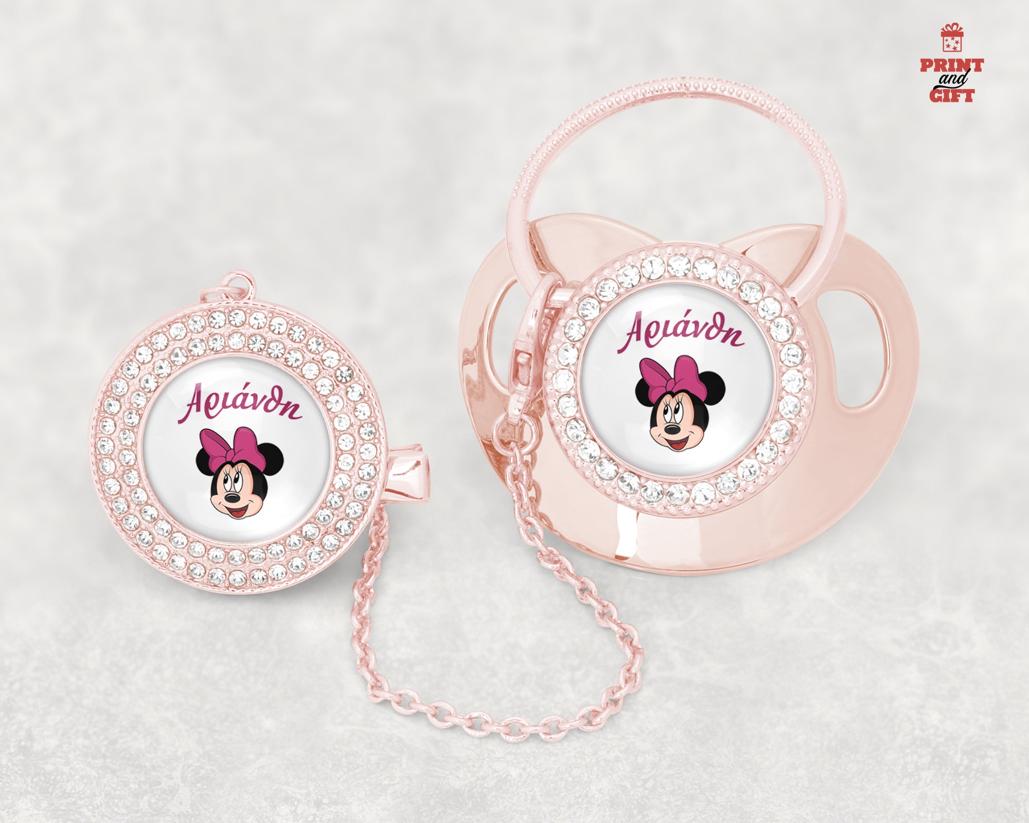 Βρεφική πιπίλα ροζ με όνομα και σχέδιο minnie
