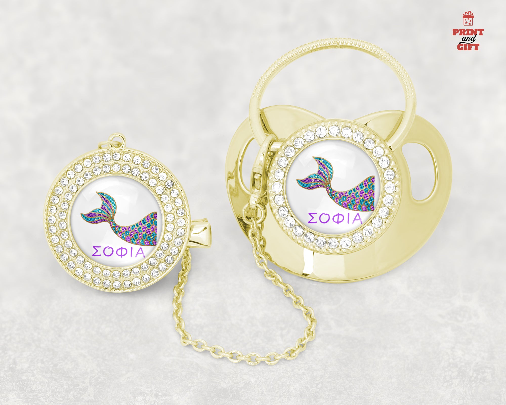 Βρεφική πιπίλα χρυσή με σχέδιο γοργόνα