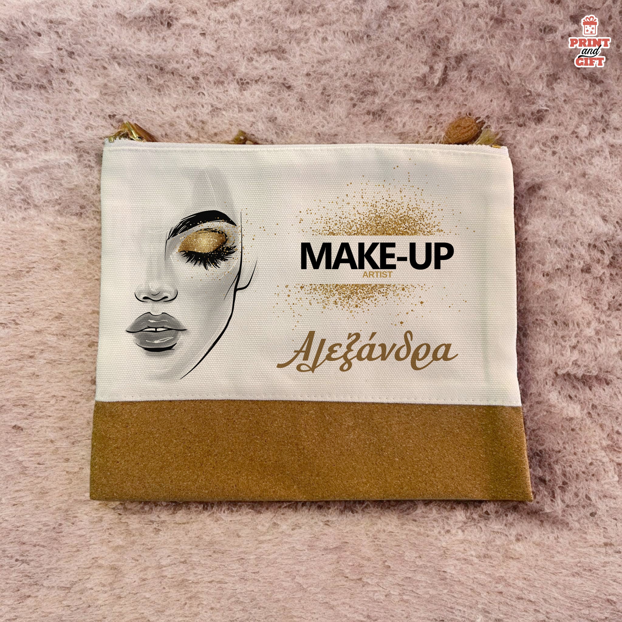Λινό Τσαντάκι χειρός με φελλό σχέδιο make up
